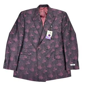 Tayion Mens Classic Fit Jacquard Double-Breasted Suit Jacket Wine Red Black 44R